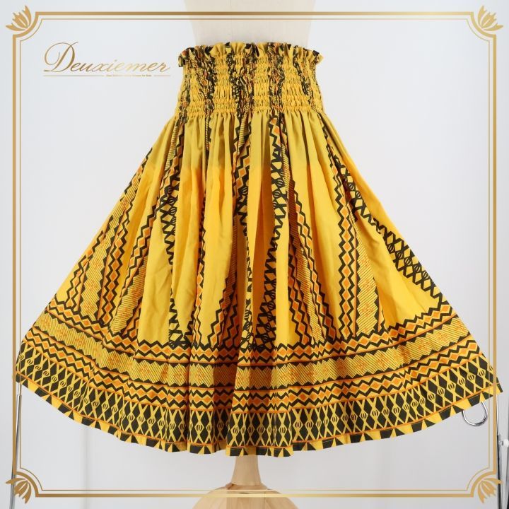 フラダンス 衣装 パウスカート イエロー系 カヒコ柄 ブラック系