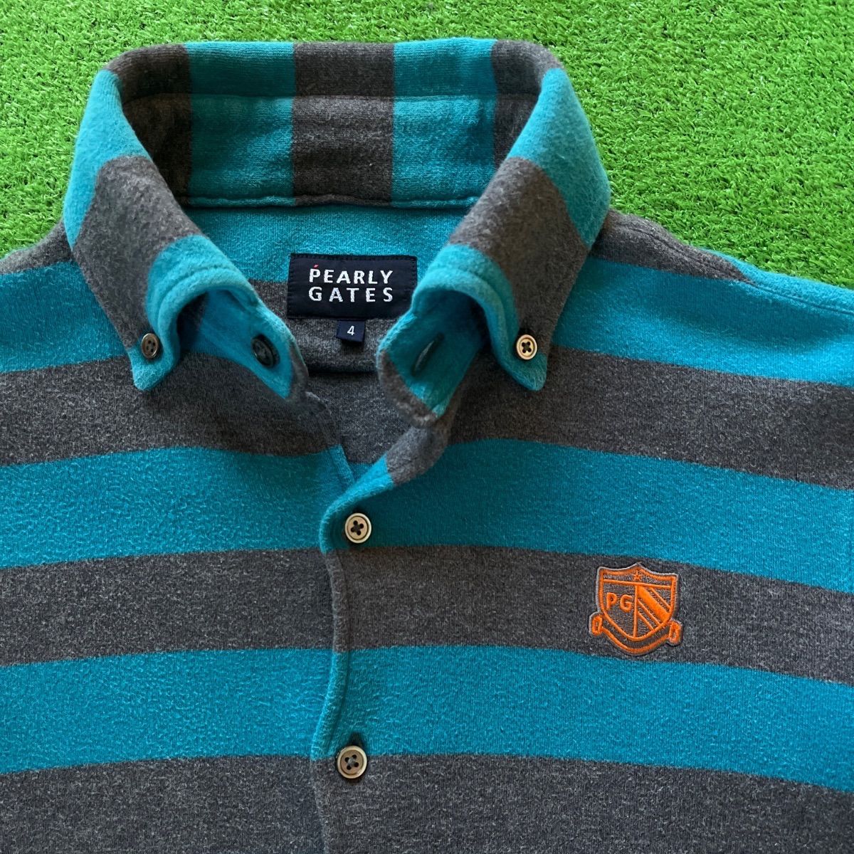 【極美品】パーリーゲイツ　ゴルフ 長袖ポロシャツ　コットン　ロゴ刺繍　緑　M PEARLY GATES パーリーゲイツ 長袖 ロゴ刺繍 ボタンダウン ストレッチ