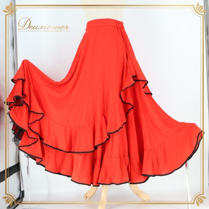 フラメンコ 衣装 ファルダ スカート 赤 黒 無地 ボランテ フリル