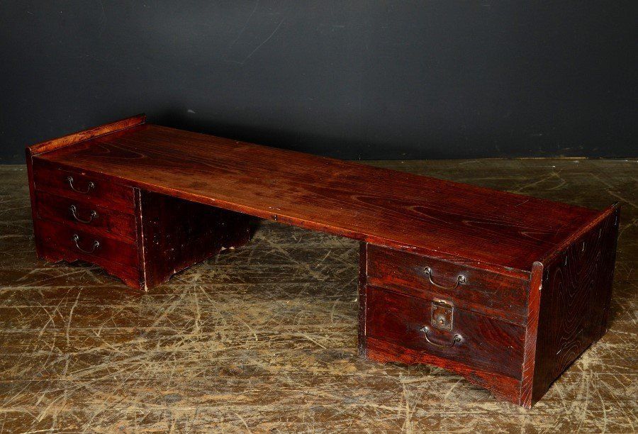 蔵A 5677 時代家具 文机 作業台 両袖 抽斗５杯 レトロ