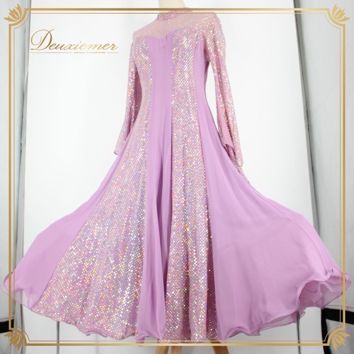 社交ダンス 衣装 ドレス ワンピース パーティ衣装 オールシーズン 紫 パープル系 長袖 キラキラ ホログラム 派手 華やか フ スカート ステージ映え ダンスパフォーマンス おしゃれ トレンド かわいい ゆったりサイズ ポリエステル製