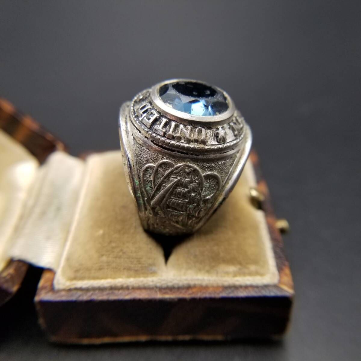 60 s Pride社製 US Navy 錨紋章 ヴィンテージ ミリタリー シグネット リング 指輪 シルバープレート 重厚感 水色石 USN Y 25 I