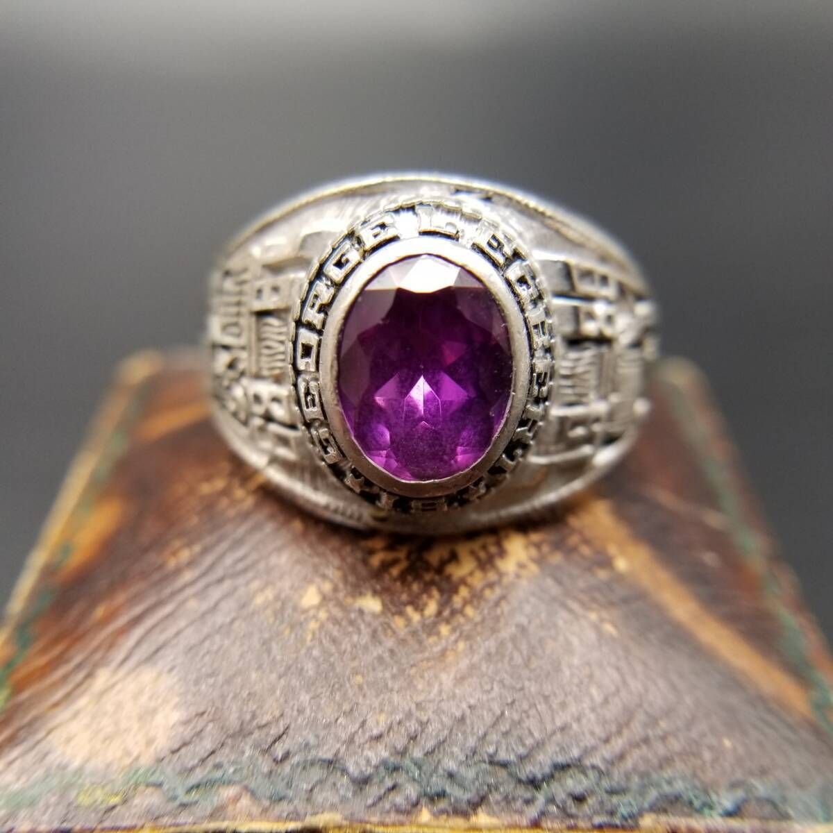 1989年 米国 ヴィンテージ クラスリング George L. Egbert IS 2 カレッジシグネット 925 シルバー 指輪 銀 ピンク紫石 重厚感 Y 25-I