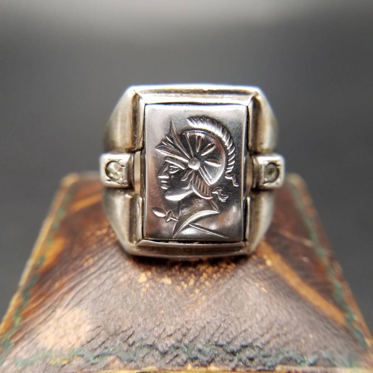 40 50 s頃 Uncas社製 ローマン騎士 インタリオ ヴィンテージ シグネット リング 925 シルバー 指輪 銀 レトロ アールデコ 重厚感 Y 25 I