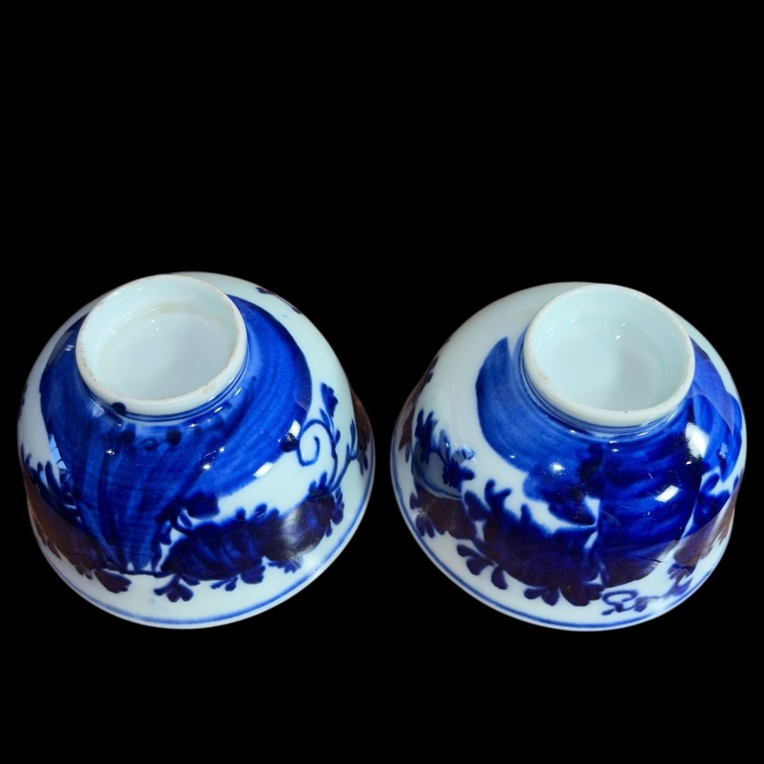 2客揃え] 染付 蓋つき椀 江戸明治 手描き 陶器 陶芸 アンティーク 骨董