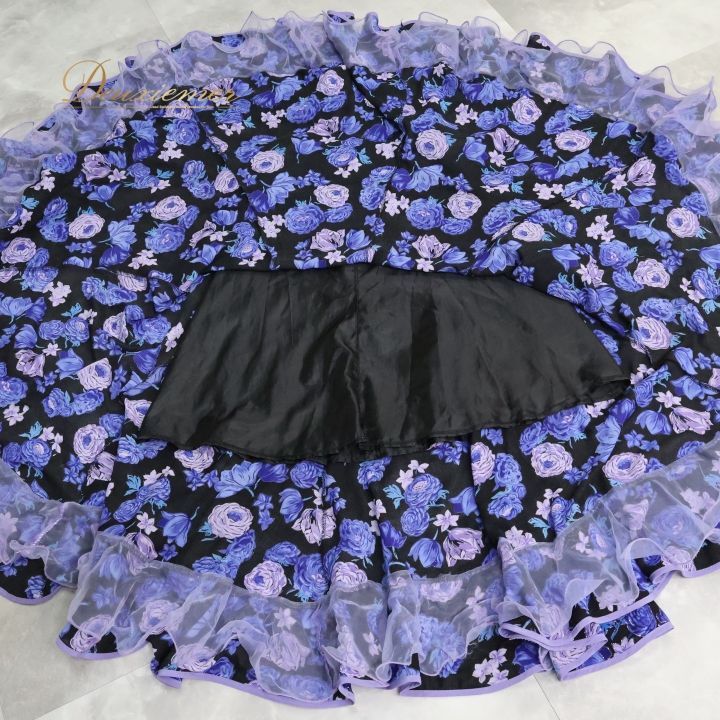 フラメンコ 衣装 ファルダ スカート 黒 紫 花柄 ラメ フリル レース