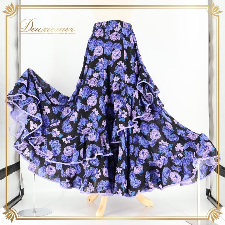 フラメンコ 衣装 ファルダ スカート 黒 紫 花柄 ラメ フリル レース