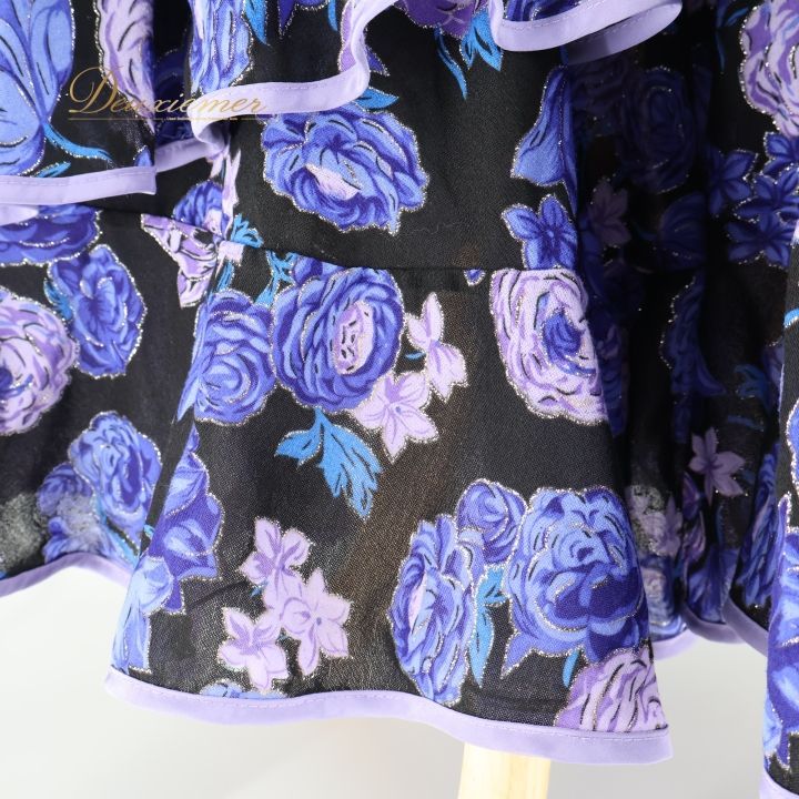 フラメンコ 衣装 ファルダ スカート 黒 紫 花柄 ラメ フリル レース