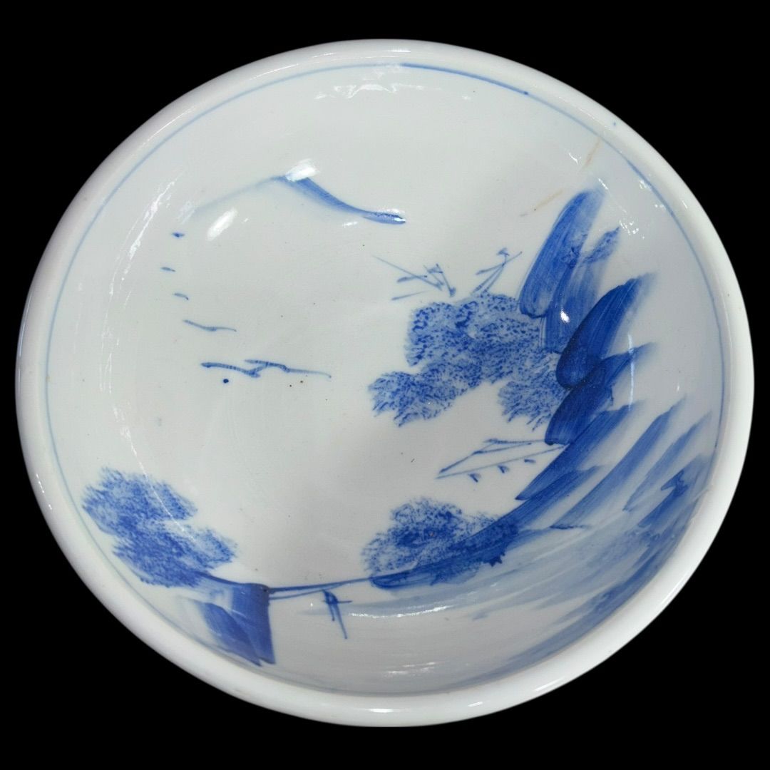 3つ鉢セット 染付 山水 中鉢 手描き アンティーク 骨董 ヴィンテージ