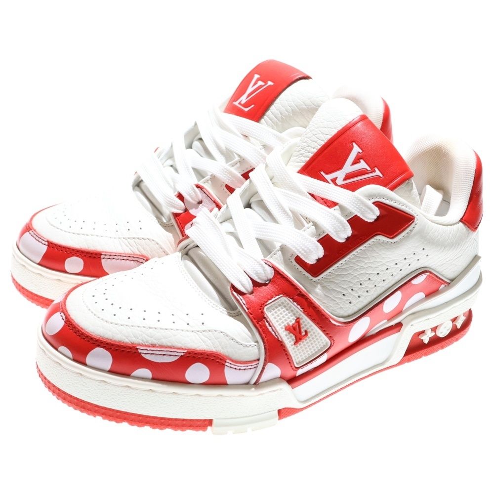 LOUIS VUITTON ルイヴィトン ×草間彌生 YK LVトレイナー ライン インフィニティドット レザー レースアップ ローカットシューズ スニーカー レッド ホワイト レディース