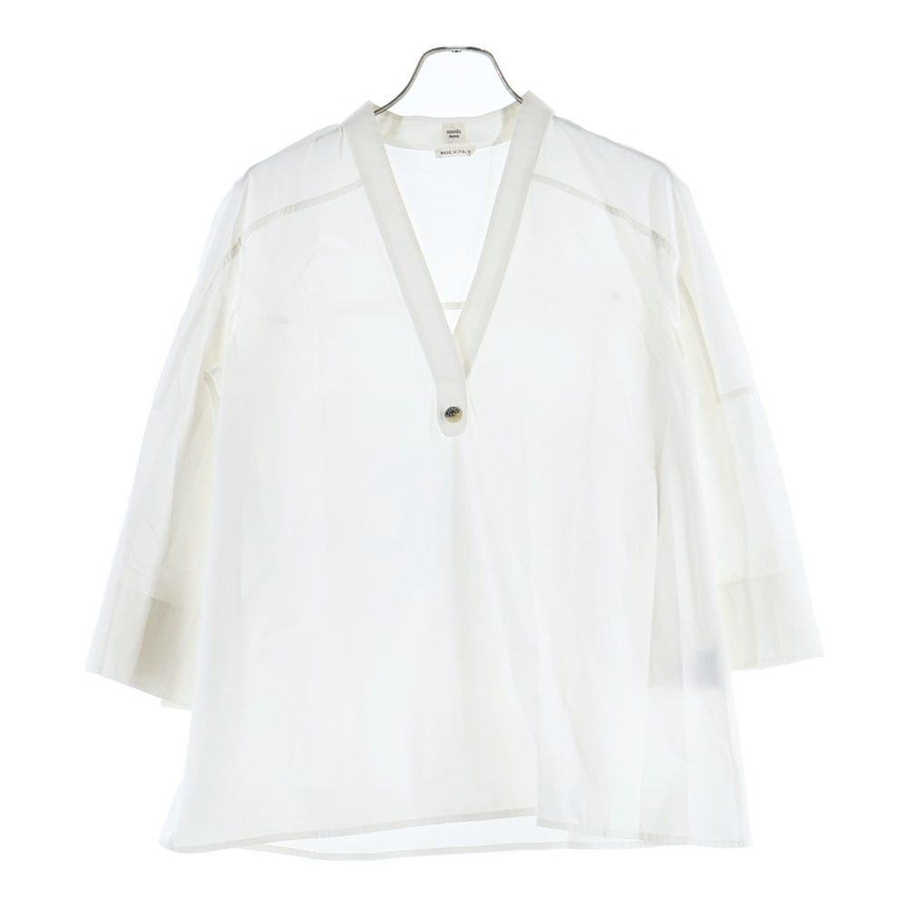 HERMES エルメス Vネック プルオーバー ラグランスリーブ 長袖シャツ ブラウス ホワイト レディース