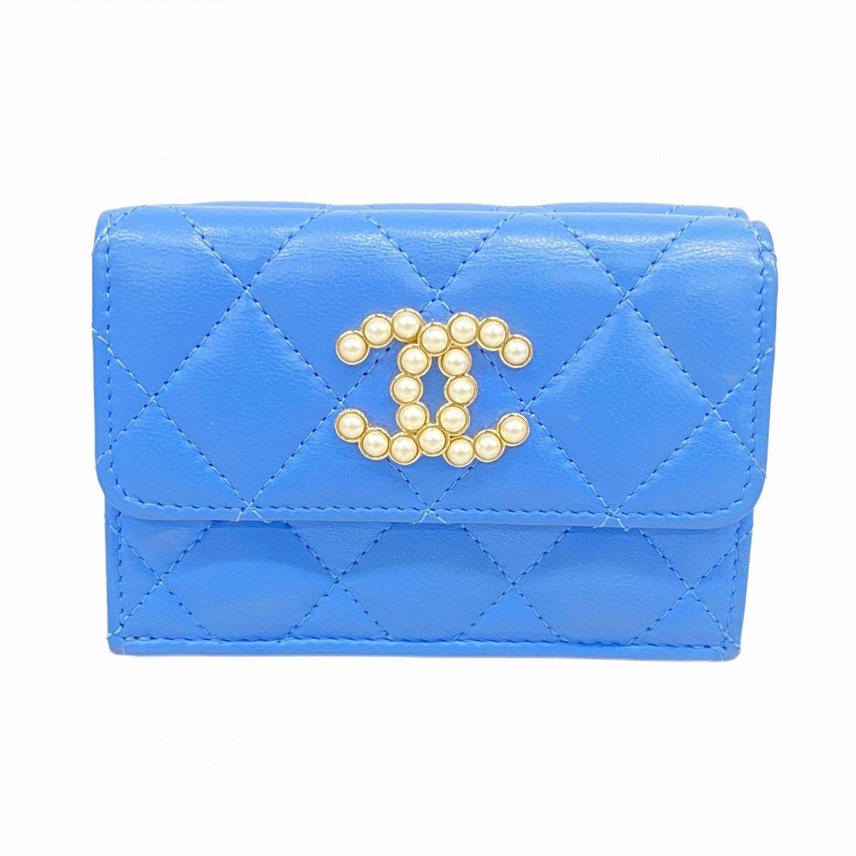 5pa0207-h】シャネル 三つ折り財布 マトラッセ ラムスキン ブルー