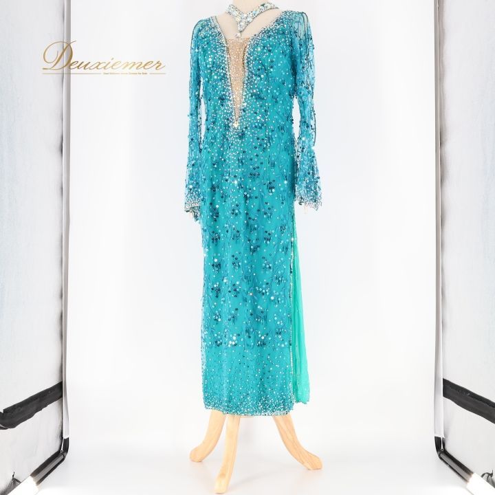 社交ダンス 衣装 ラテン ドレス ワンピース ラテンドレス 青 緑