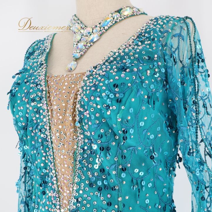 社交ダンス 衣装 ラテン ドレス ワンピース ラテンドレス 青 緑