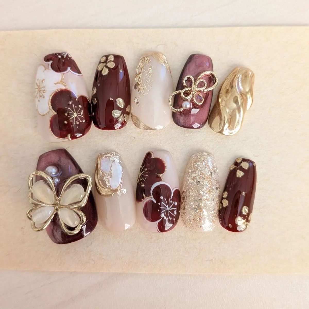 成人式 振袖 ネイルチップ オーダー 花柄 和柄 赤 マグネット ワイン