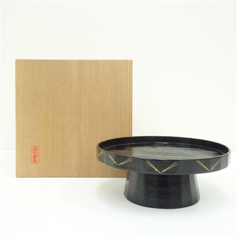 岡本漆専堂造 漆塗松葉蒔絵高杯干菓子器（共箱） 茶器 おしゃれ