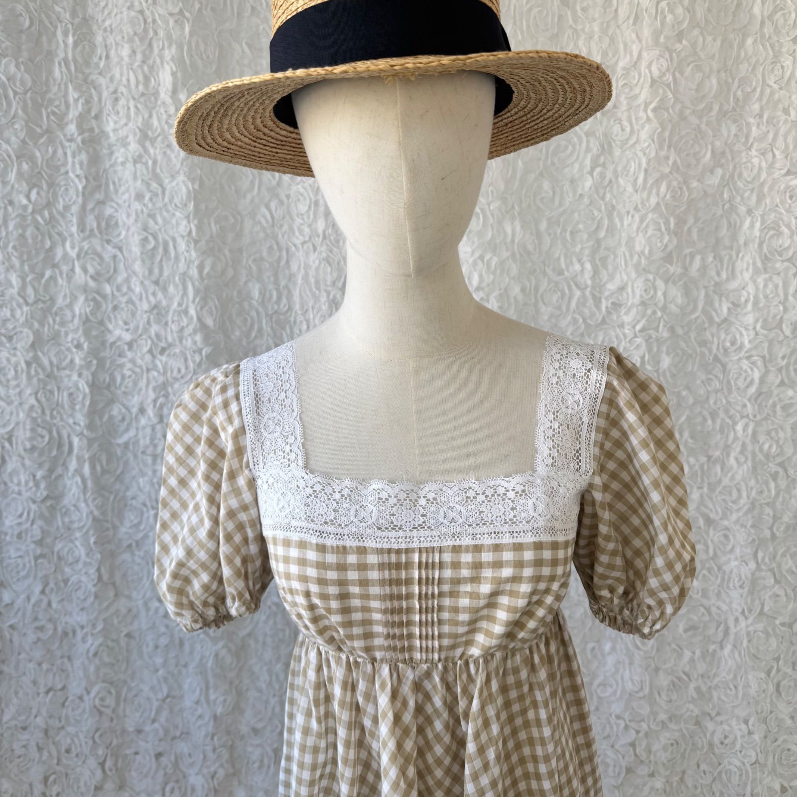 USA vintage】ギンガムチェック×レース スクエアネック半袖ワンピース