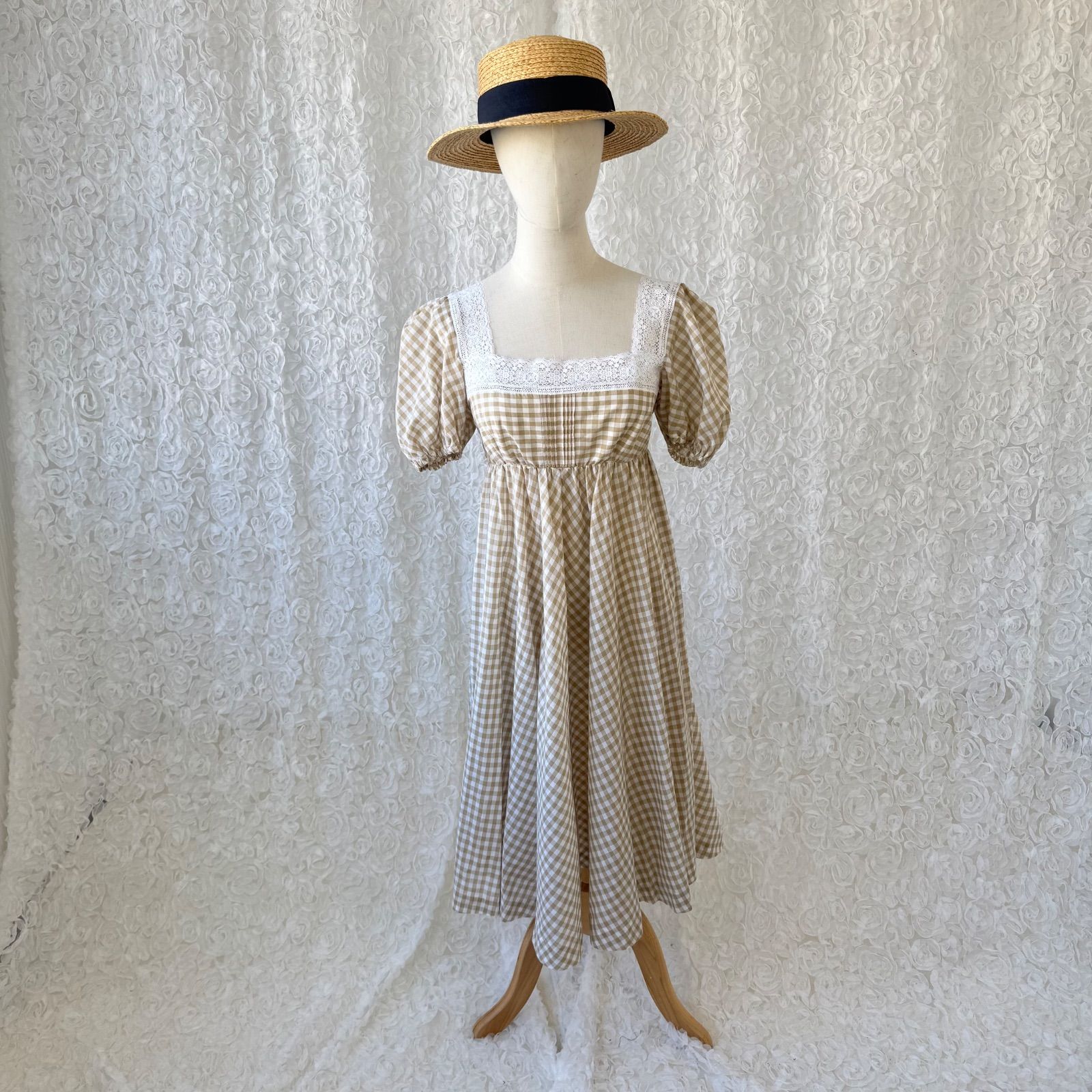 USA vintage】ギンガムチェック×レース スクエアネック半袖ワンピース