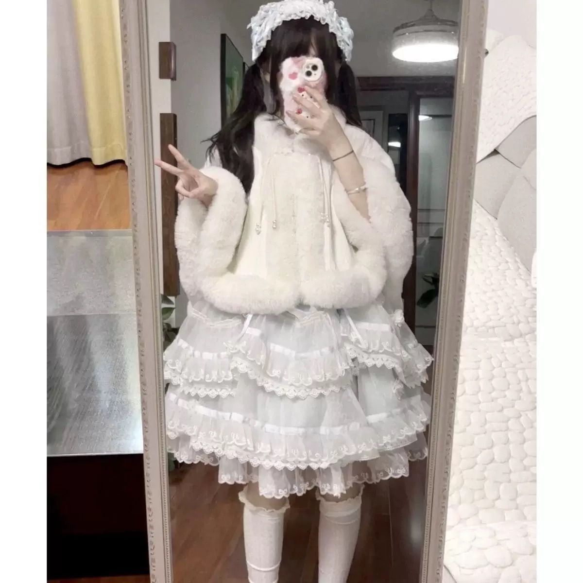 ふわもこ レース ポンチョ ホワイト 冬 ロリータ ガーリー ケープ