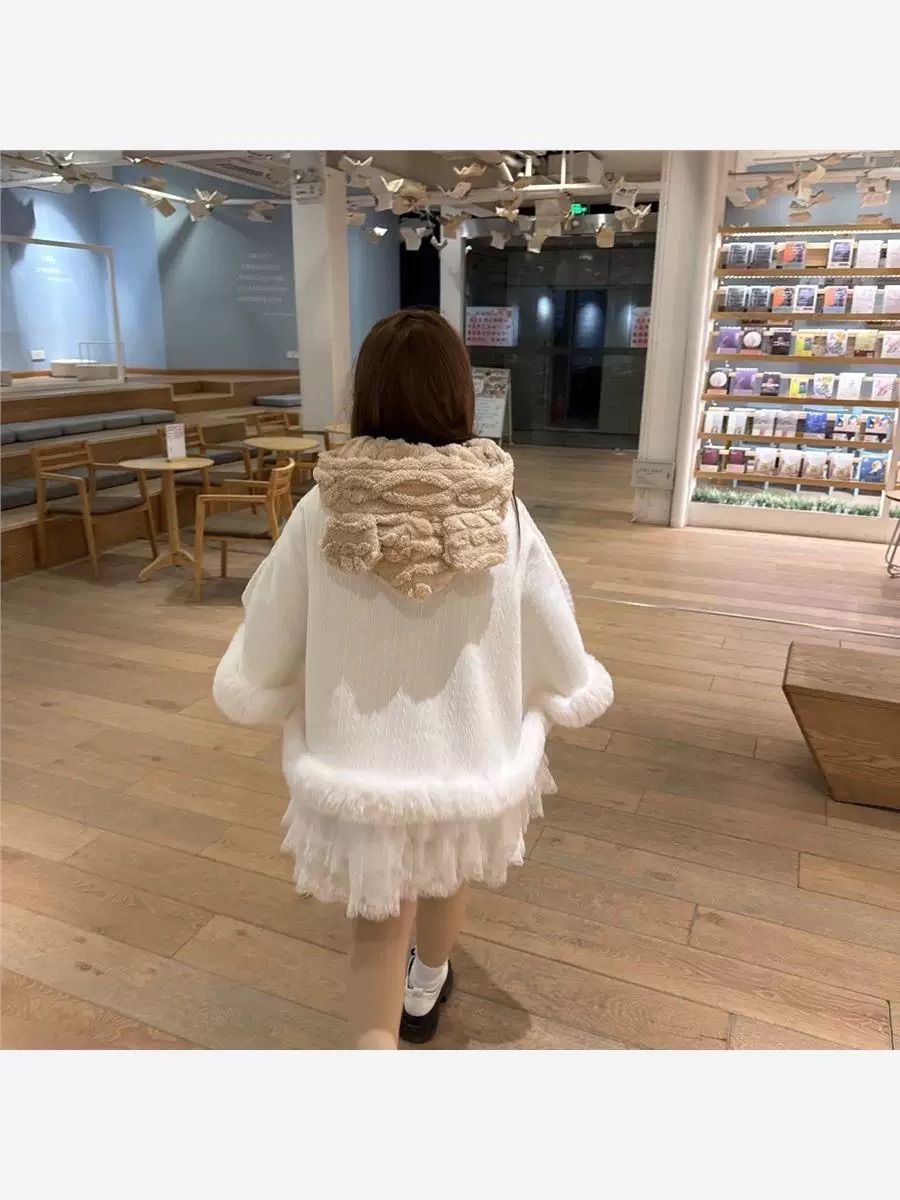ふわもこ レース ポンチョ ホワイト 冬 ロリータ ガーリー ケープ