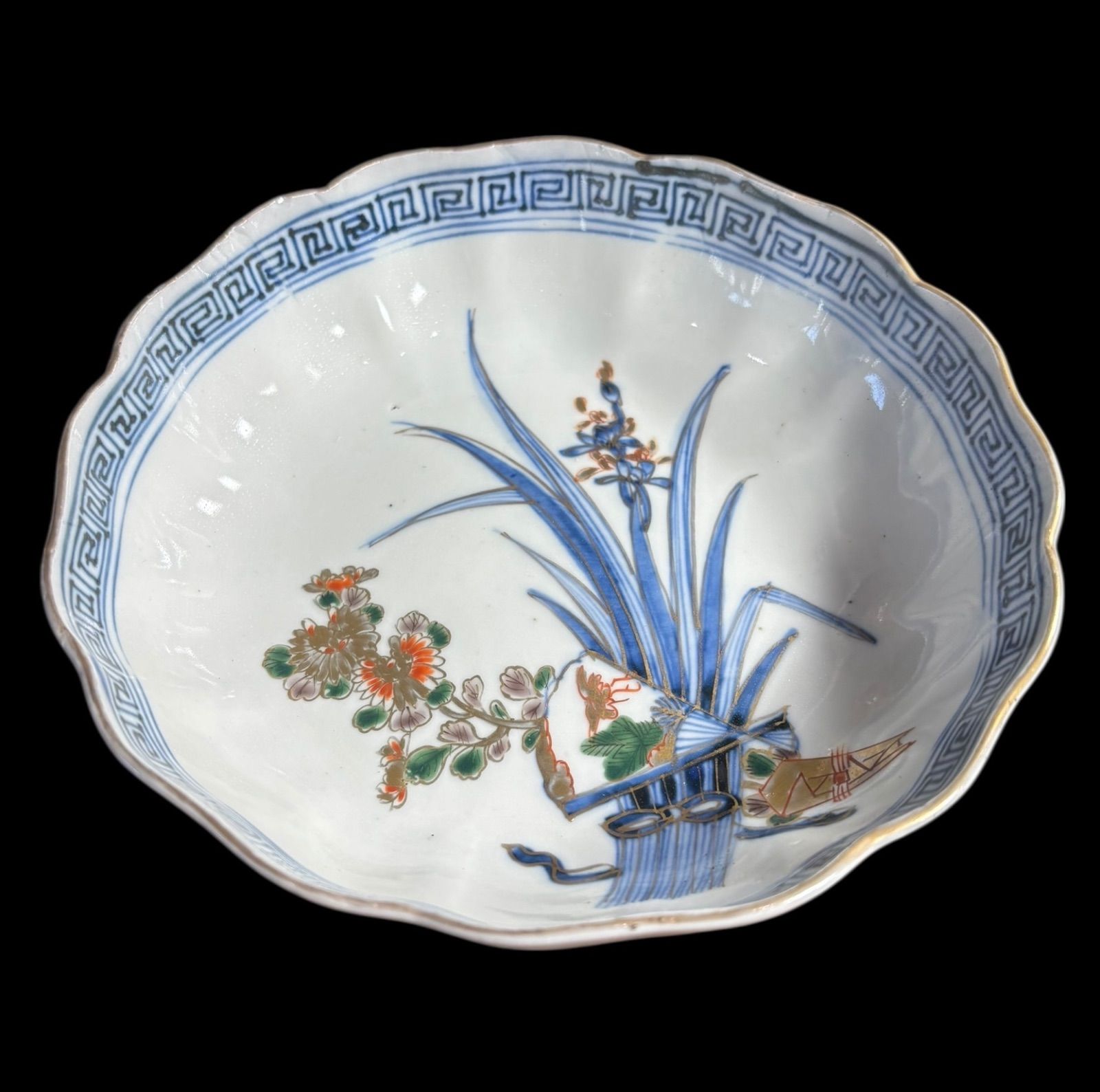 2客セット】 古伊万里 染付 金彩 扇鳥草花図 色絵 丸皿 取り皿 飾り皿