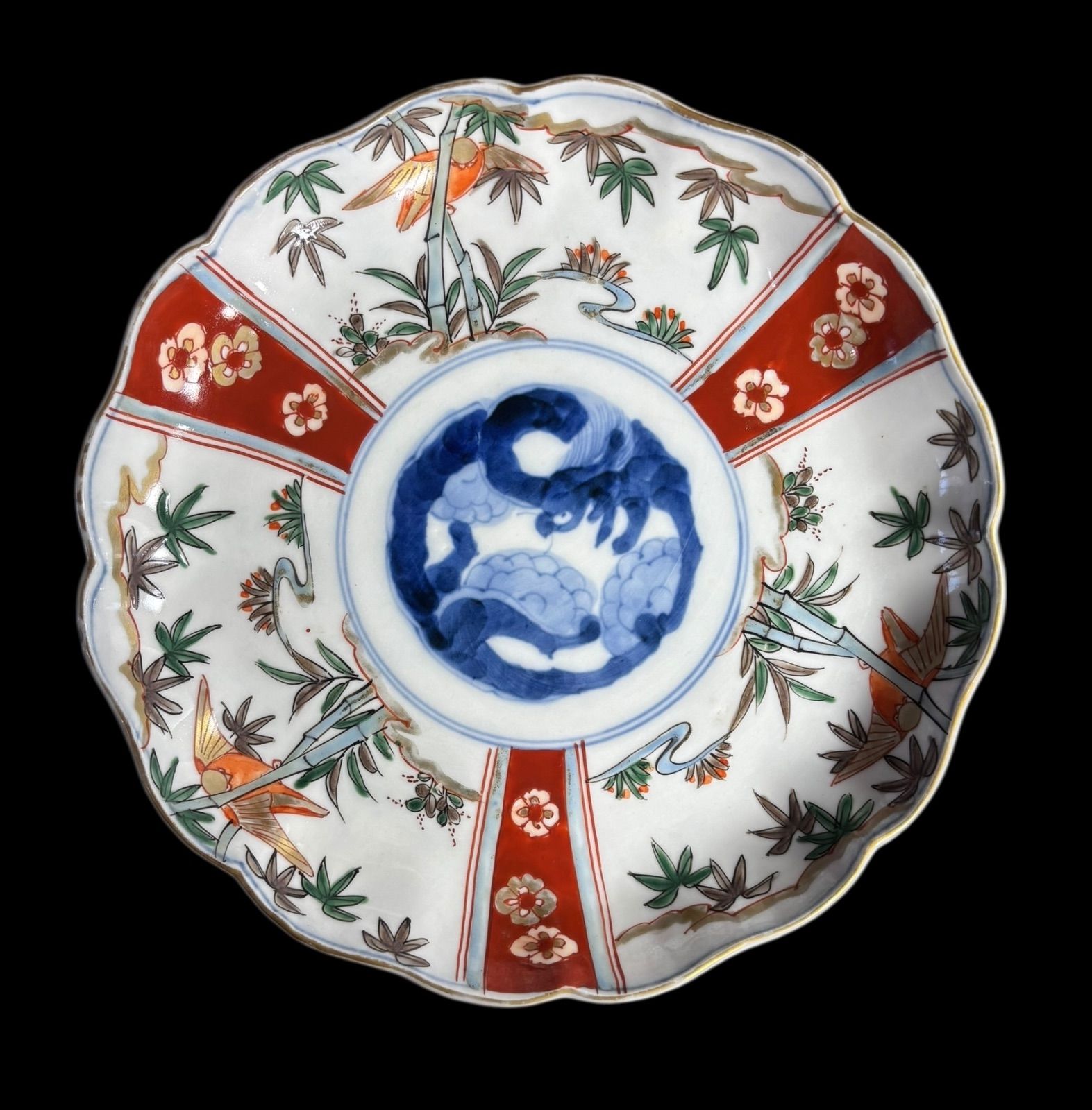 古伊万里 染付 竹鳥草花文図 色絵 丸皿 取り皿 飾り皿 和食器 明治期