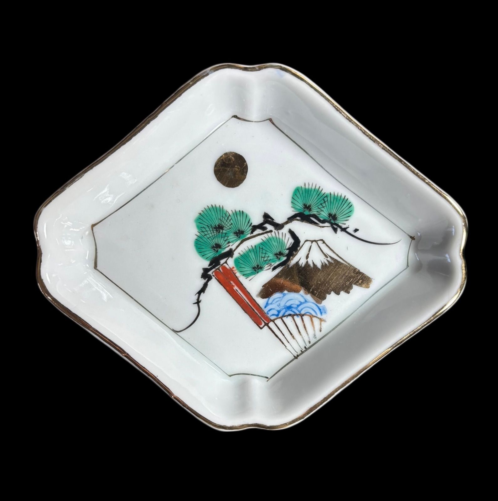 4客セット】色絵 菱形皿 月松富士山扇子図 時代物 角皿 小皿 取り皿