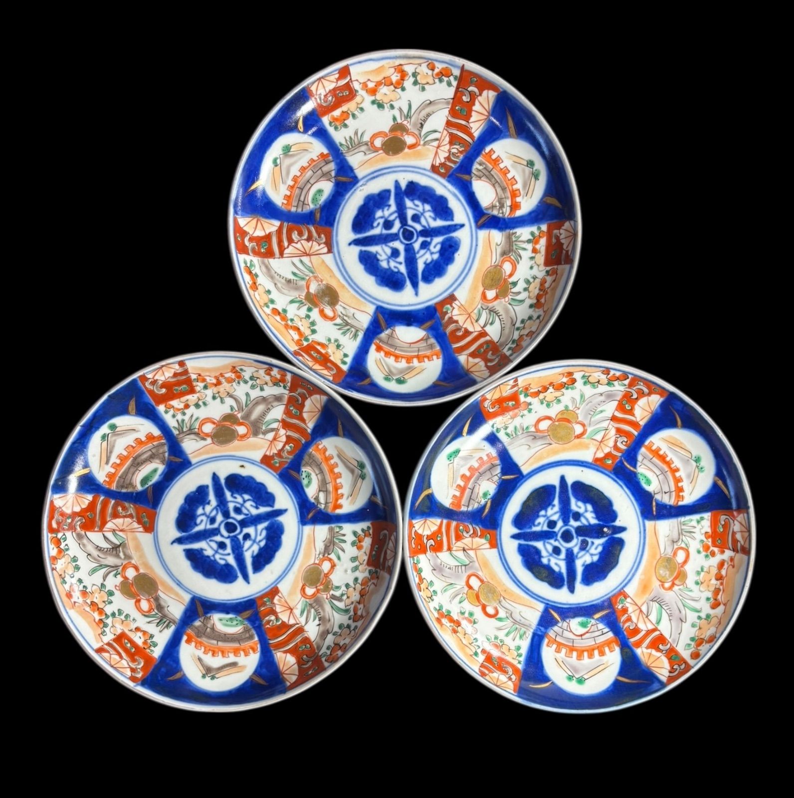 3客セット】 古伊万里 色絵 瓢箪草花風景文図 丸皿 取り皿 飾り皿 和