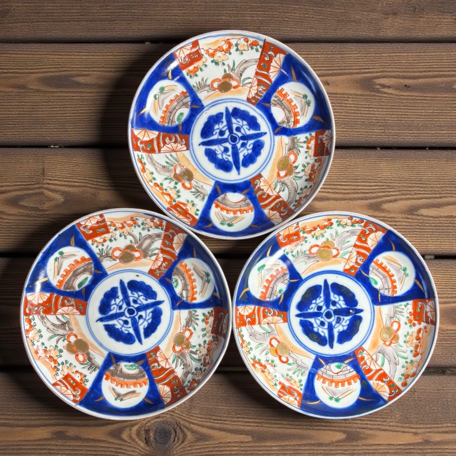 3客セット】 古伊万里 色絵 瓢箪草花風景文図 丸皿 取り皿 飾り皿 和