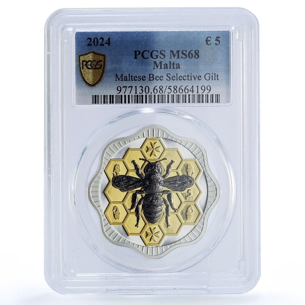 マルタ 5ユーロ マルタ産 蜂 自然 野生動物 動物 金箔 MS 68 PCGS 銀貨