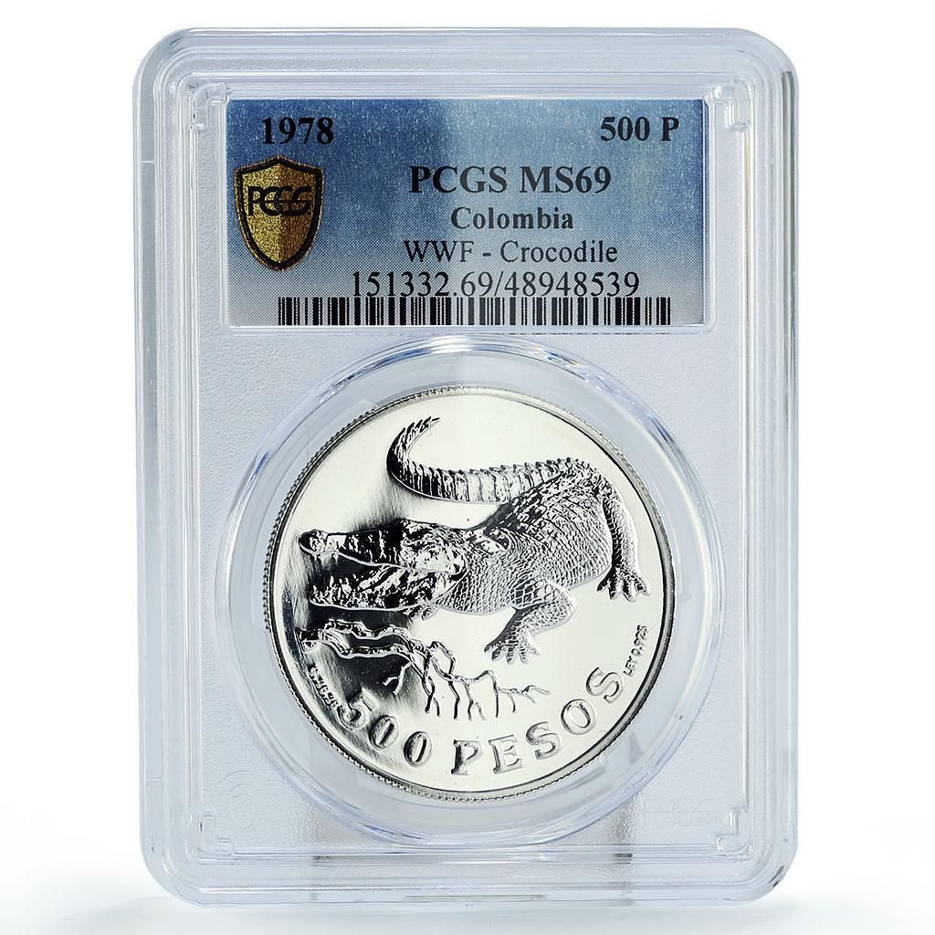 コロンビア 500ペソ ワニ類保護 動物相 MS 69 PCGS 銀貨 1978年
