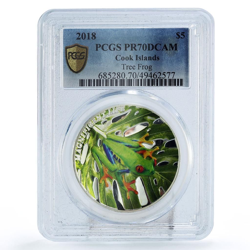 クック諸島 5ドル 保護アオガエル動物 PR 70 PCGS 銀貨 2019年