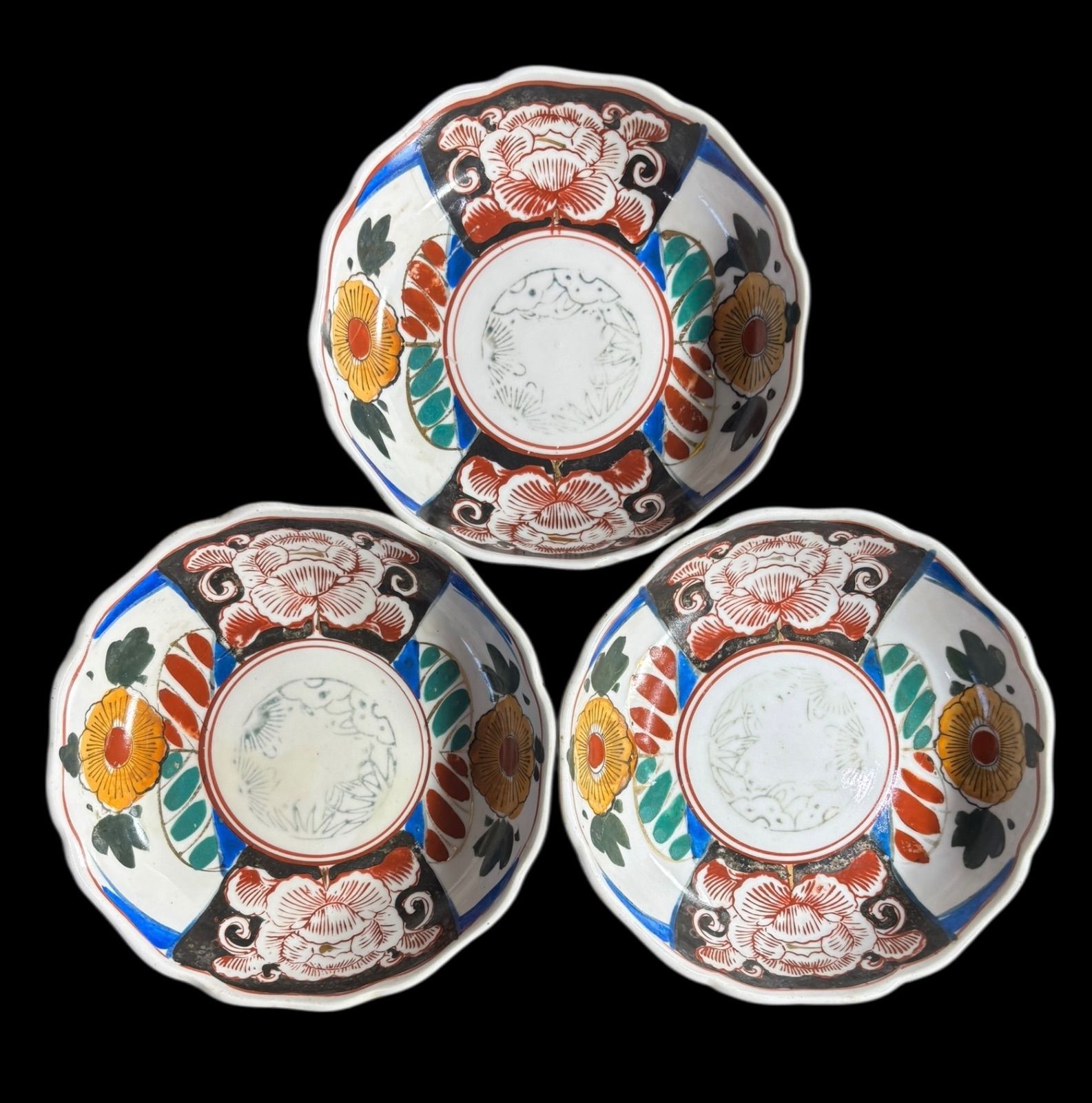 3客セット】 古伊万里 色絵 牡丹 松竹梅 なます皿 丸皿 取り皿 飾り皿