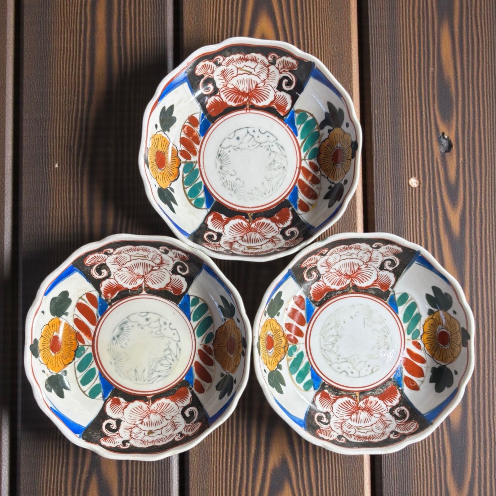 3客セット】 古伊万里 色絵 牡丹 松竹梅 なます皿 丸皿 取り皿 飾り皿