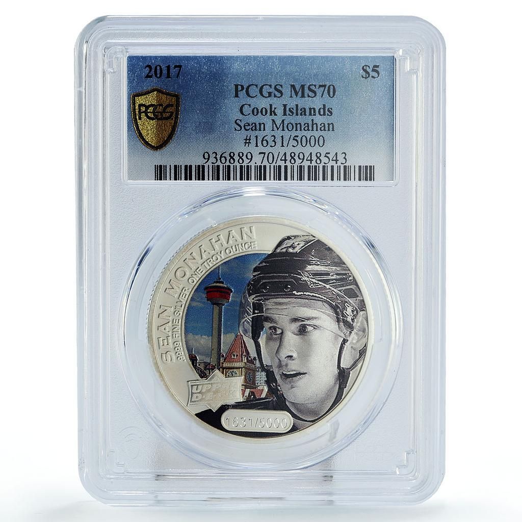 クック諸島 5ドル アッパーデッキ ショーン モナハン ホッケー MS 70 PCGS 銀貨 2017年