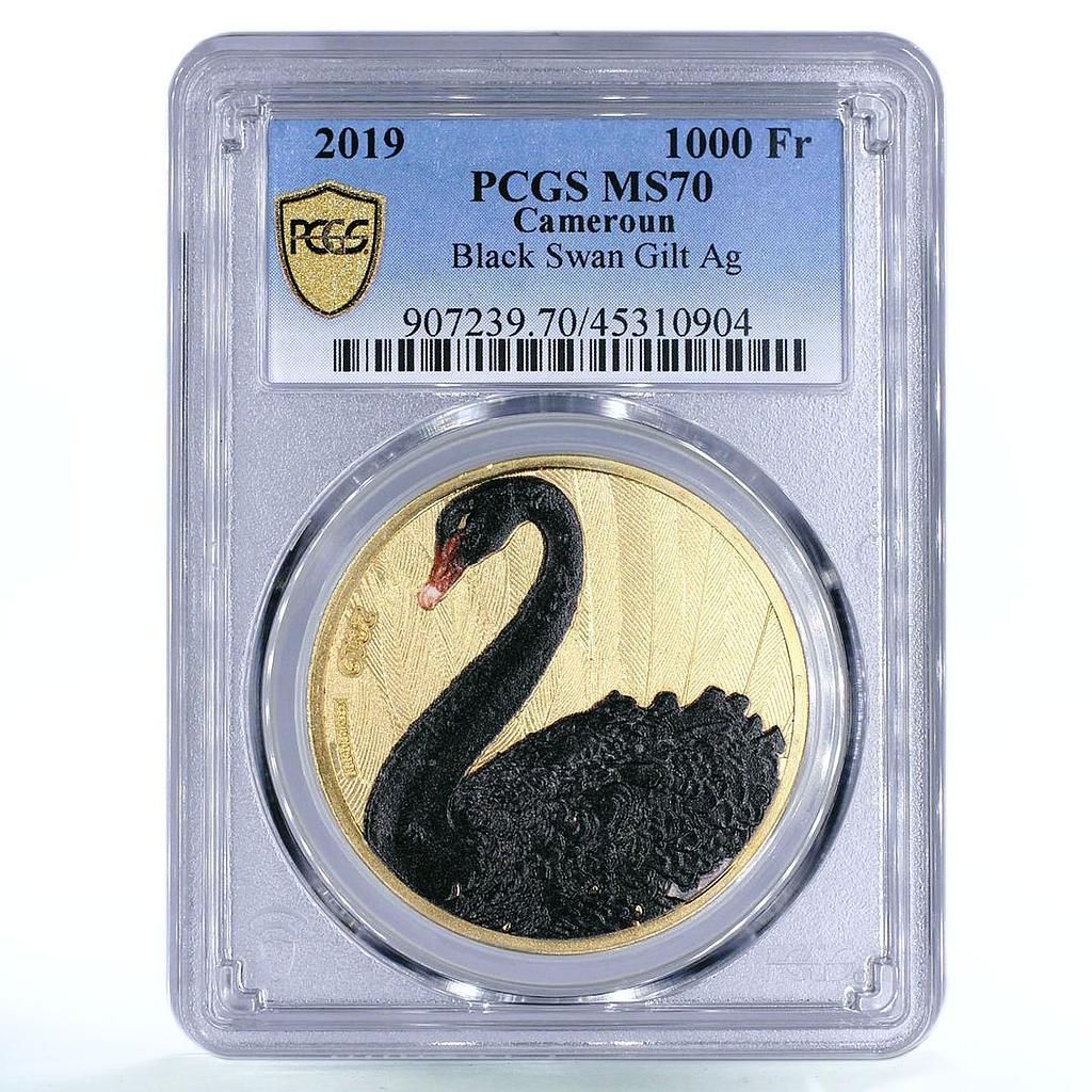 カメルーン 1000フラン ブラックスワン 鳥類動物 MS 70 PCGS 金メッキ銀貨 2019年