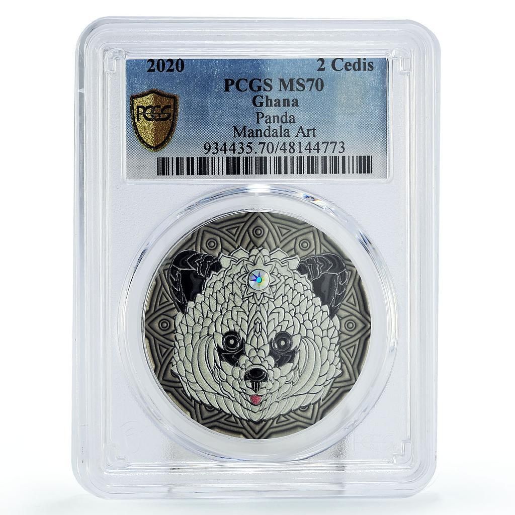 ガーナ 2セディ マンダラアート 動物 パンダ クマ 動物相 MS 70 PCGS 銀貨 2020年