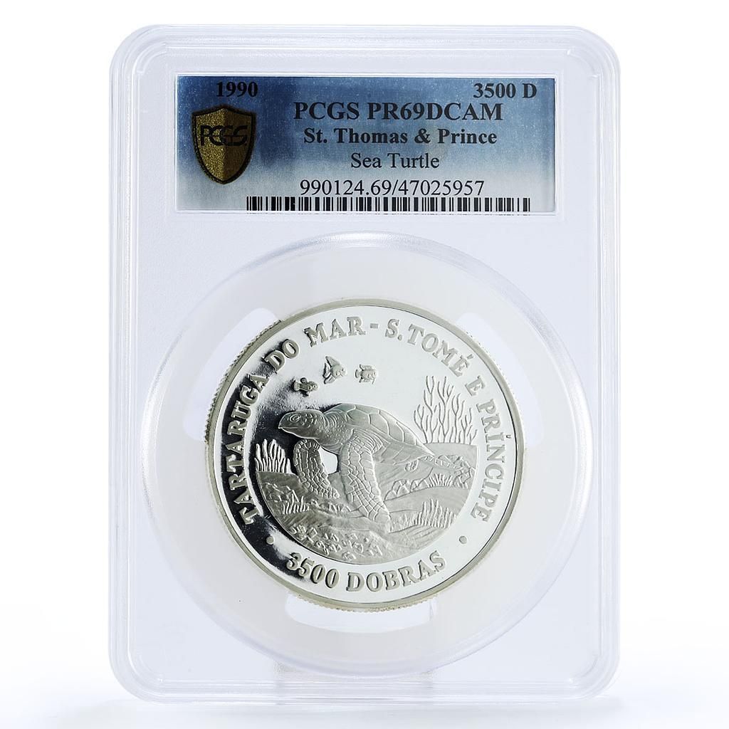 サントメ 3500 ドブラ 野生生物保護 ウミガメ 動物相 PR 69 PCGS 銀貨 1990年