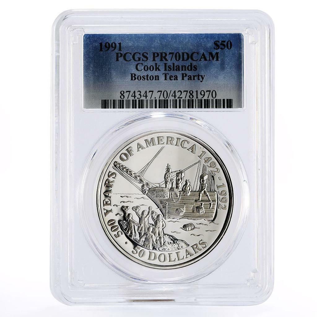 クック諸島 50ドル ボストン茶会事件船 PR 70 PCGS 銀貨 1991年