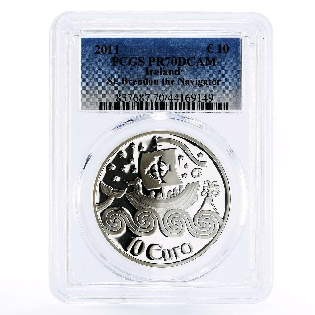 アイルランド 10ユーロ 聖ブレンダン航海士船 ボート PR 70 PCGS 銀貨 2011年