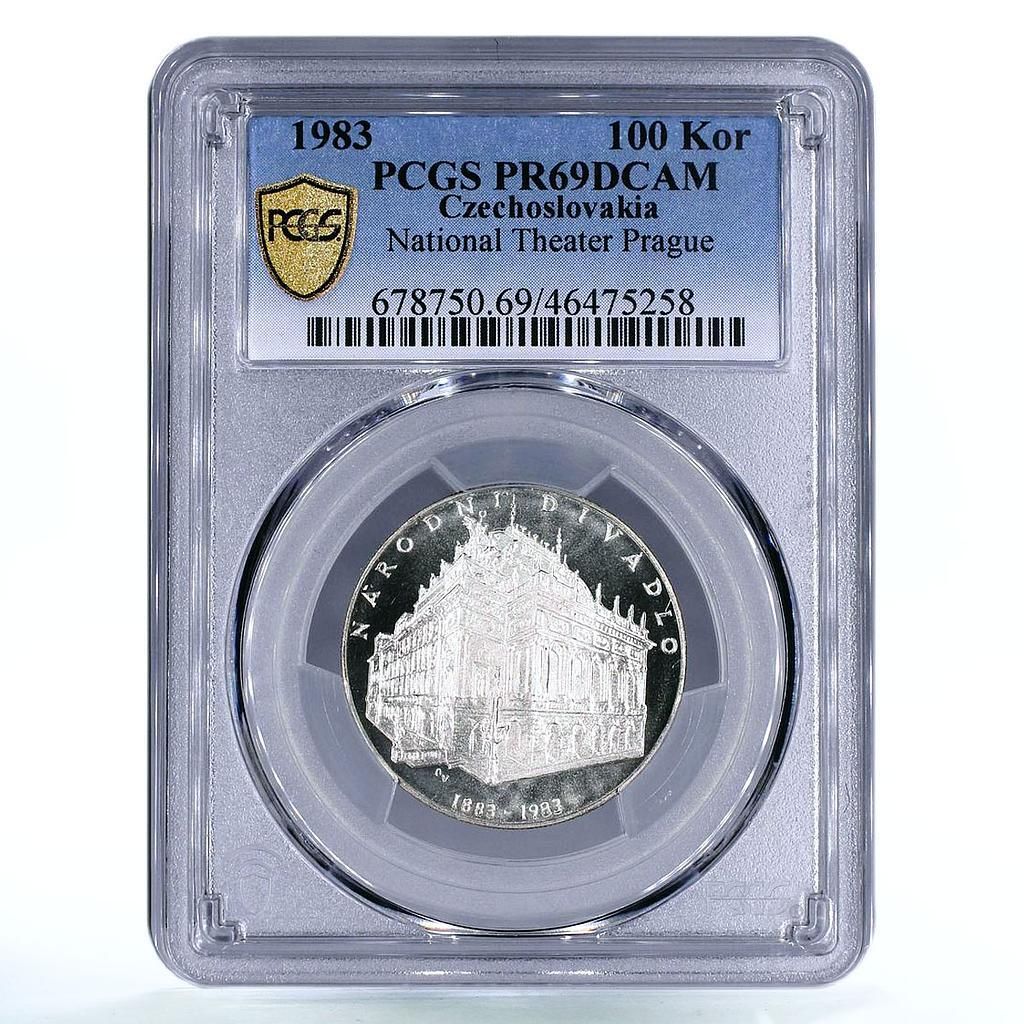 チェコスロバキア 100コルナ プラハ国立劇場 PR 69 PCGS 銀貨 1983年