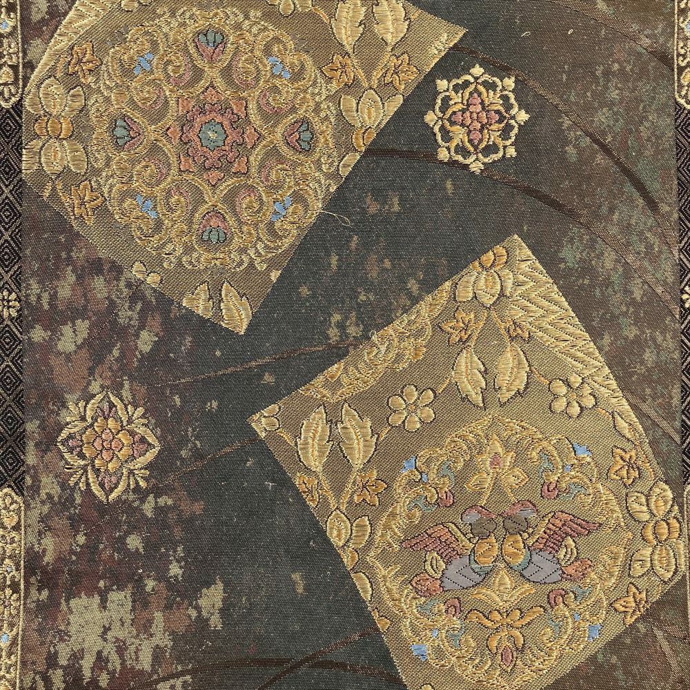 たんす屋 リユース帯 帯 袋帯 黒 セミフォーマル 色紙 華文 露芝 本金箔青銅 二重箔 絹 六通 未洗い