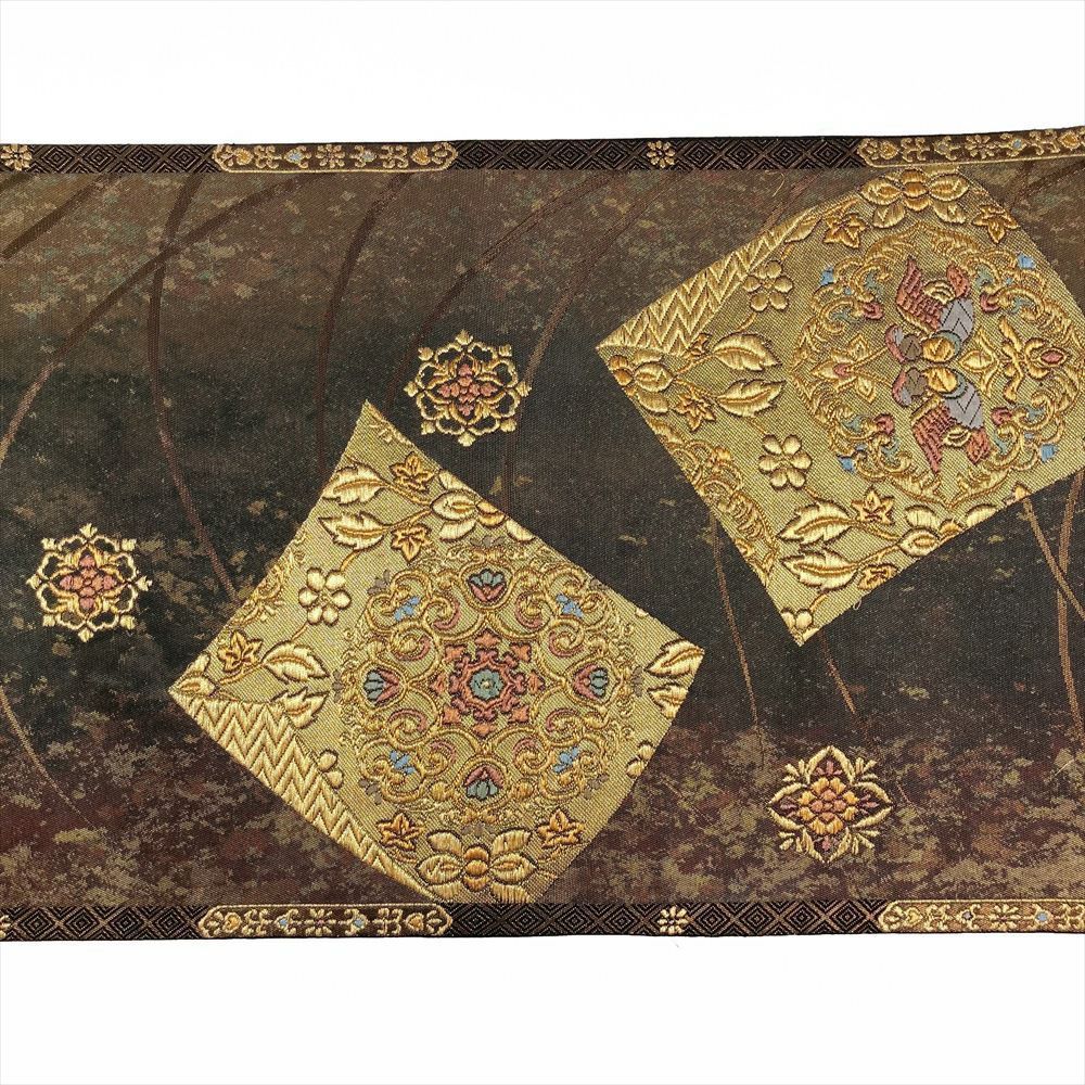  たんす屋 リユース帯 帯 袋帯 黒 セミフォーマル 色紙 華文 露芝 本金箔青銅 二重箔 絹 六通 未洗い 袋帯 帯