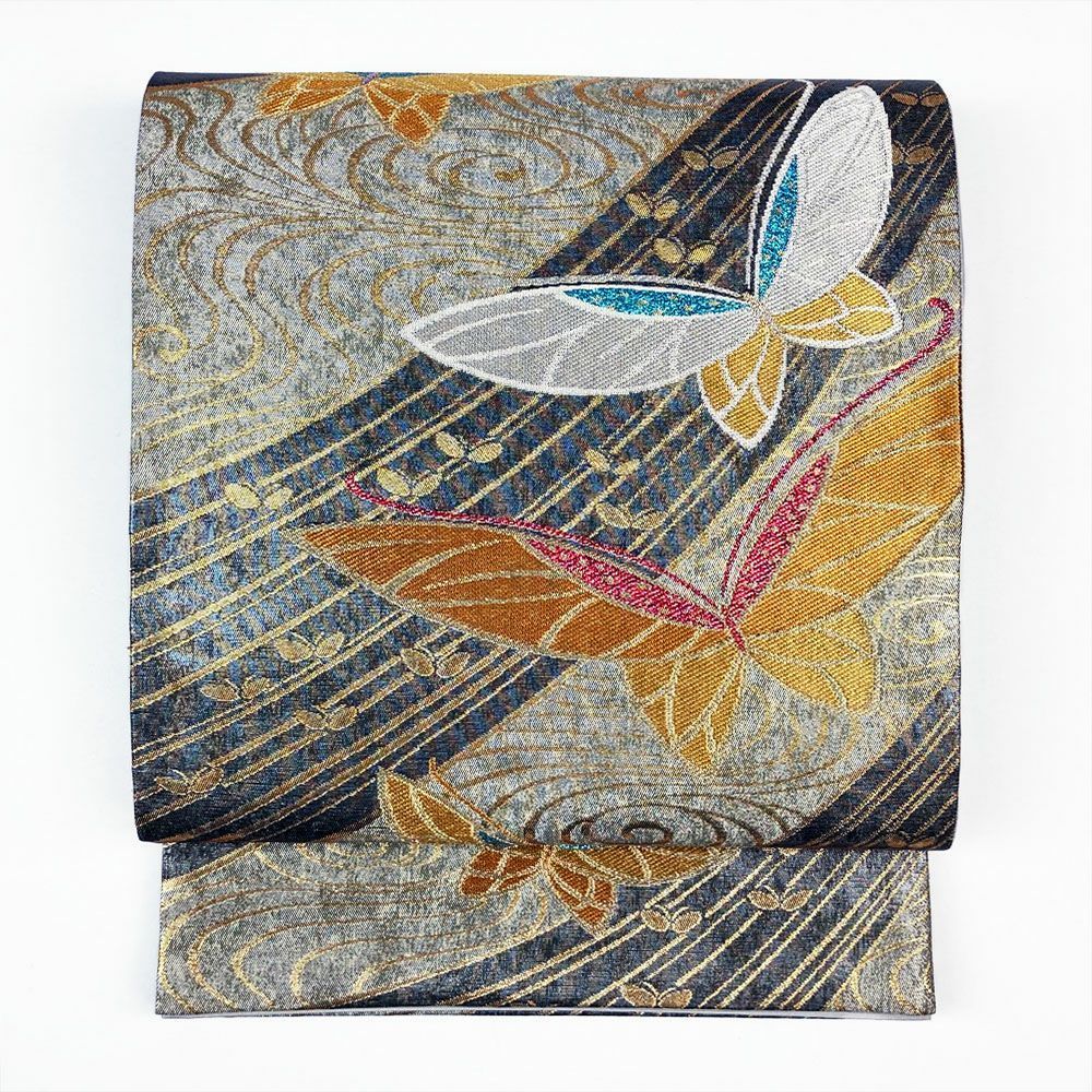 たんす屋 リユース帯 帯 振袖用袋帯 金銀 フォーマル 金糸銀糸 流水 蝶 絹 六通 未洗い