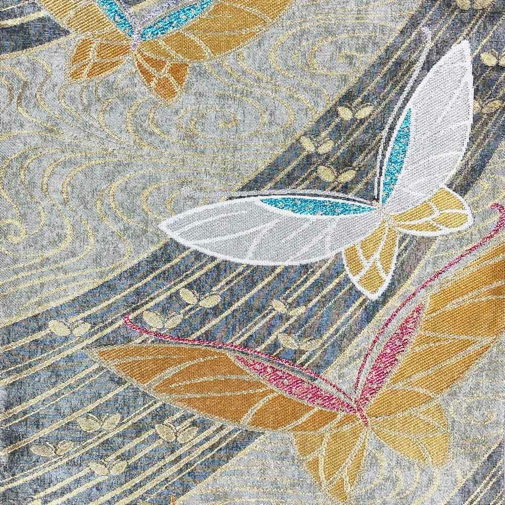 たんす屋 リユース帯 帯 振袖用袋帯 金銀 フォーマル 金糸銀糸 流水 蝶 絹 六通 未洗い