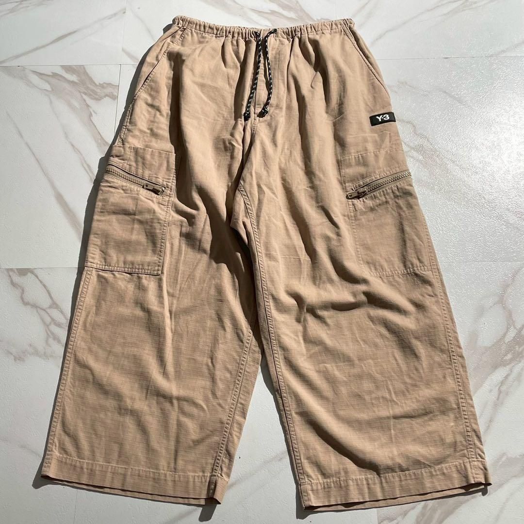 Y 3 ワイスリー adidas アディダス Yohji Yamamoto ヨウジヤマモト ブランドロゴ ワッペン リップストップ ドローストリングス ドロスト ワイドシルエット カーゴパンツ フルレングス ベージュ Mサイズ メンズ