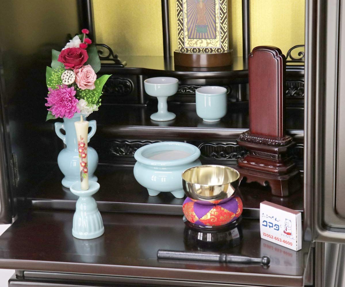 3点セット 5点+おりんセット 陶器 香炉灰付 青磁無地 モダンミニ仏壇用 仏具