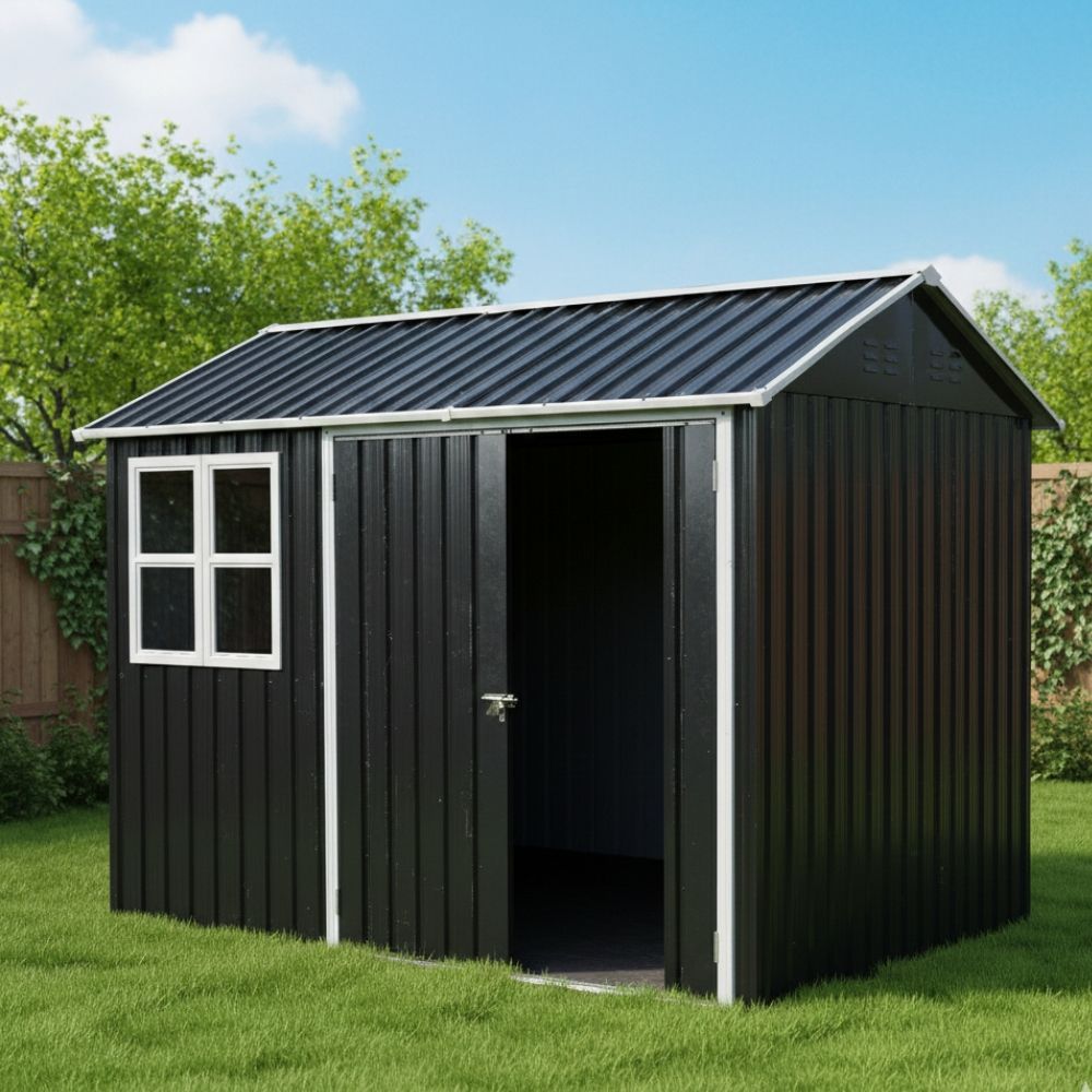 屋外スチール物置 大型 大容量 おしゃれ 倉庫 物置き 戸外収納庫 幅249 cm 奥行184 高さ194 防さび 防水 ベランダ収納 庭 ガーデニング用品 工具収納 家庭用屋外収納庫 グレー 高耐久 住宅設備 DIY