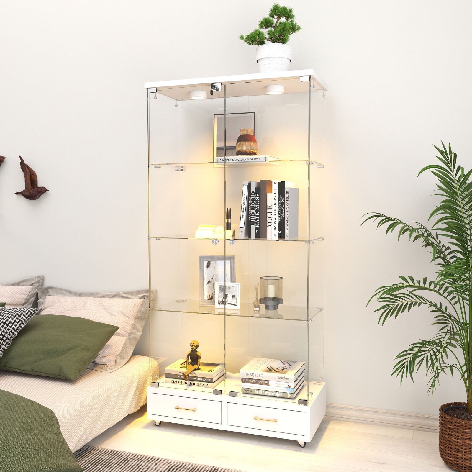 家具 インテリア リビング収納 キャビネット ガラス収納 LED照明付き