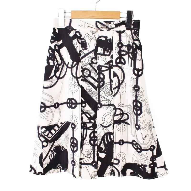 エルメス HERMES 22SS Cliquetis Tattoo Aquarelle ウォッシュドシルク ツイル スカート フ プリーツ 総柄 34 白 ホワイト